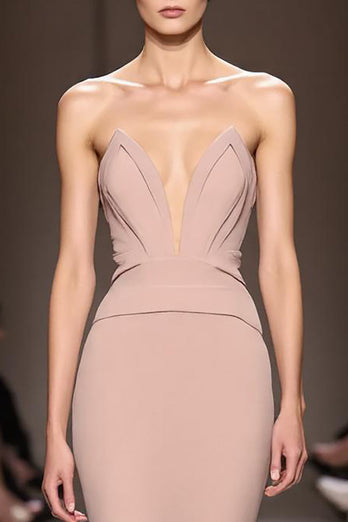 Simple Champagne Backless Strapless Mermaid Long Evening Dress