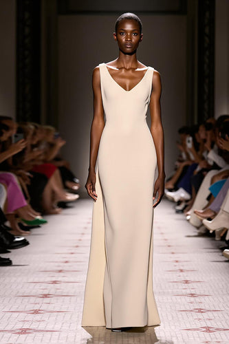 Simple Ivory V-Neck Satin Sheath Backless Long Evening Dress