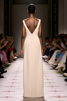 Simple Ivory V-Neck Satin Sheath Backless Long Evening Dress