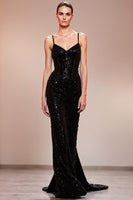Load image into Gallery viewer, Sparkly Black Sequin Corset Mermaid Long Evening Dress