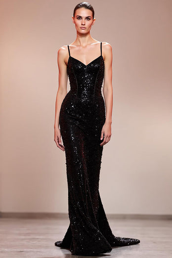 Sparkly Black Sequin Corset Mermaid Long Evening Dress