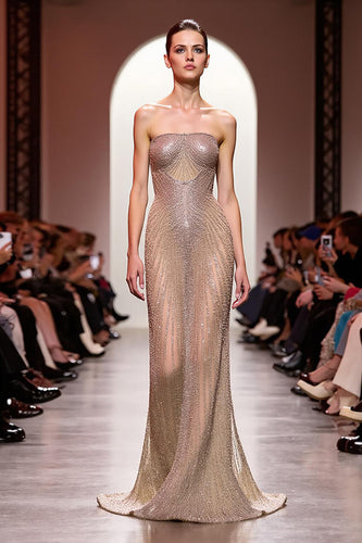 Sparkly Champagne Mermaid Strapless Backless Long Evening Dress