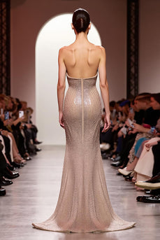 Sparkly Champagne Mermaid Strapless Backless Long Evening Dress