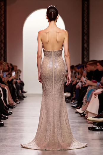 Sparkly Champagne Mermaid Strapless Backless Long Evening Dress