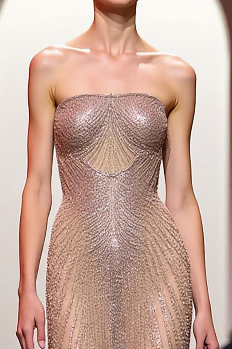 Load image into Gallery viewer, Sparkly Champagne Mermaid Strapless Backless Long Evening Dress