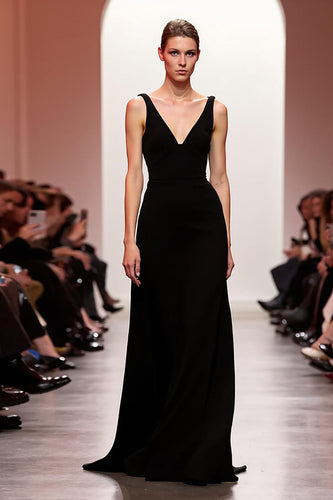 Simple Black V-Neck Backless Sheath Long Evening Dress