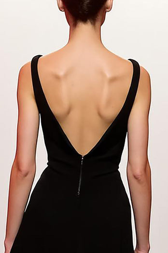 Simple Black V-Neck Backless Sheath Long Evening Dress