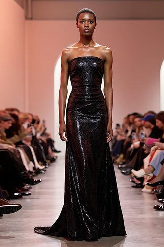 Sparkly Black Mermaid Sequin Strapless Long Evening Dress