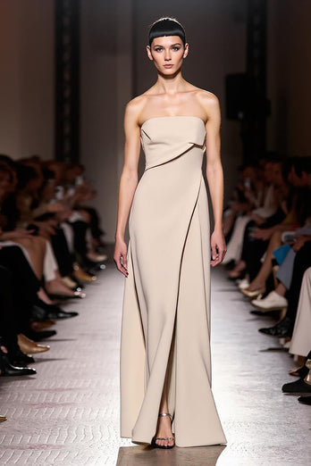 Simple Ivory Sheath Ruched Strapless Long Evening Dress with Slit