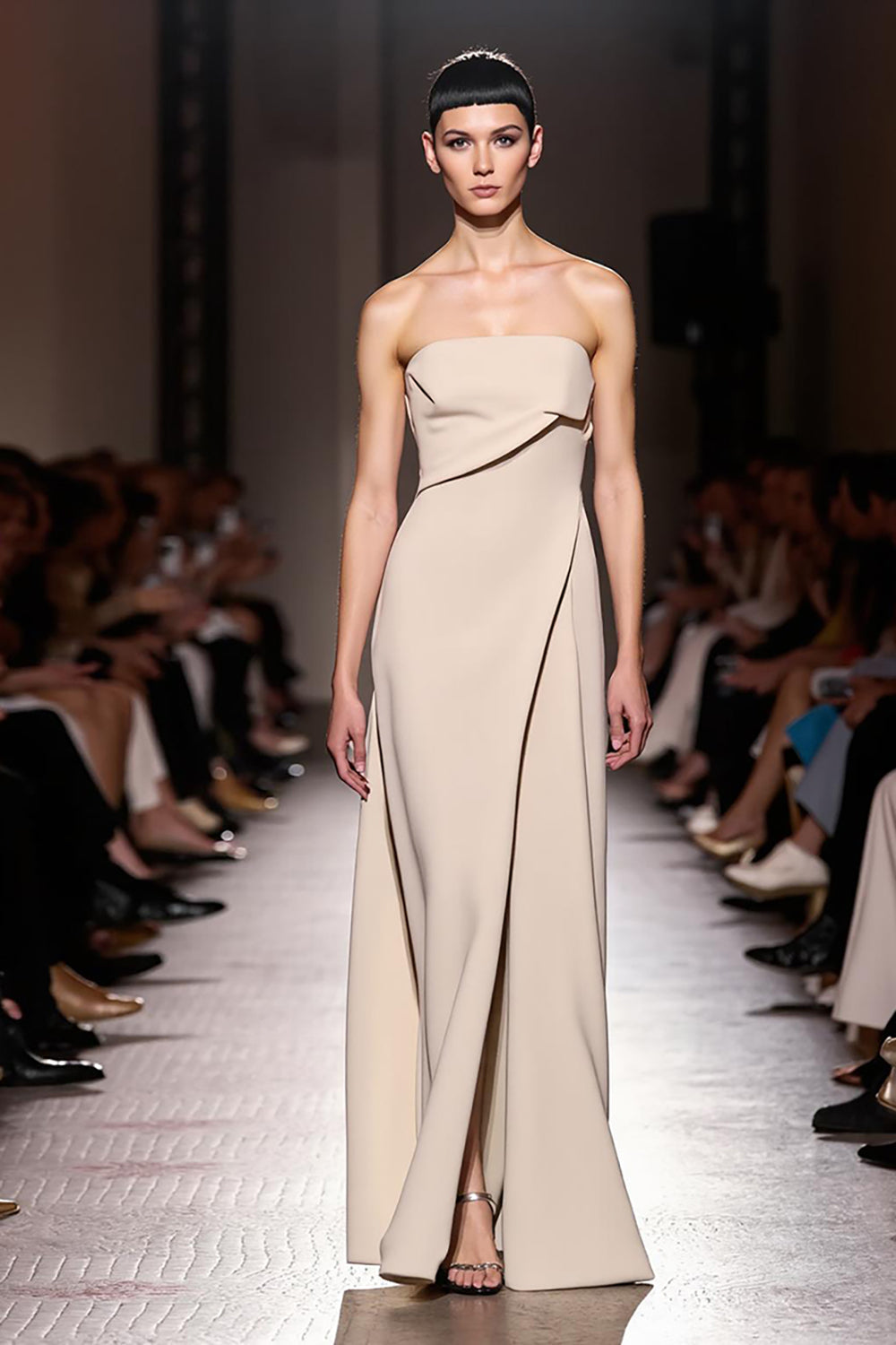 Simple Ivory Sheath Ruched Strapless Long Evening Dress with Slit