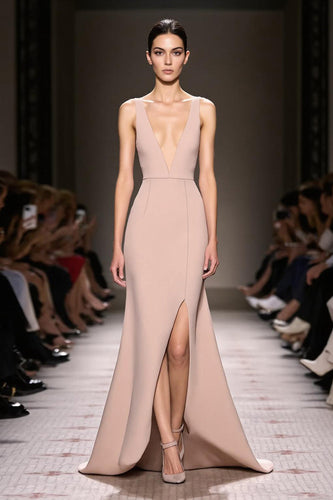 Simple Champagne Deep V-Neck Satin Sheath Long Evening Dress with Slit