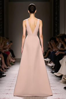 Simple Champagne Deep V-Neck Satin Sheath Long Evening Dress with Slit