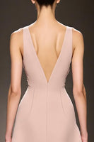 Load image into Gallery viewer, Simple Champagne Deep V-Neck Satin Sheath Long Evening Dress with Slit