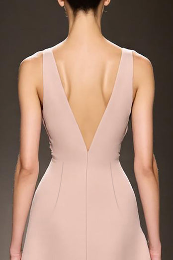 Simple Champagne Deep V-Neck Satin Sheath Long Evening Dress with Slit