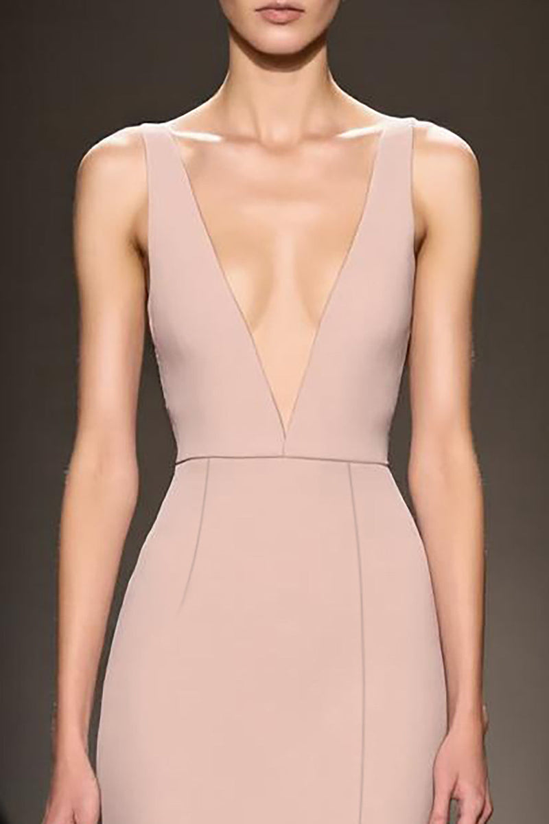 Load image into Gallery viewer, Simple Champagne Deep V-Neck Satin Sheath Long Evening Dress with Slit
