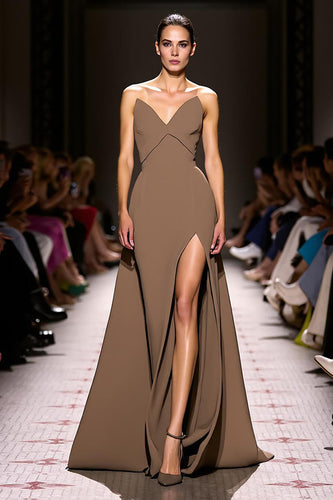 Simple Coffee Sheath Satin Strapless Long Evening Dress with Slit