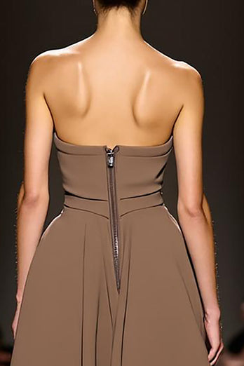 Simple Coffee Sheath Satin Strapless Long Evening Dress with Slit