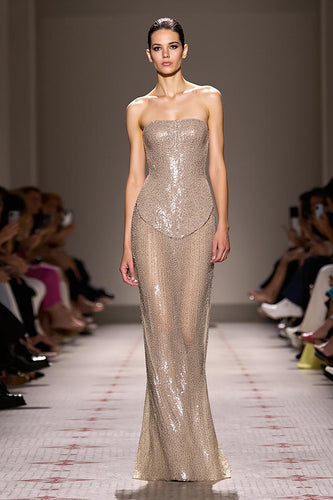 Sparkly Champagne Backless Strapless Long Sequin Evening Dress