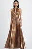 Load image into Gallery viewer, Gold Pleated Metallic Halter Maxi Evening Dress
