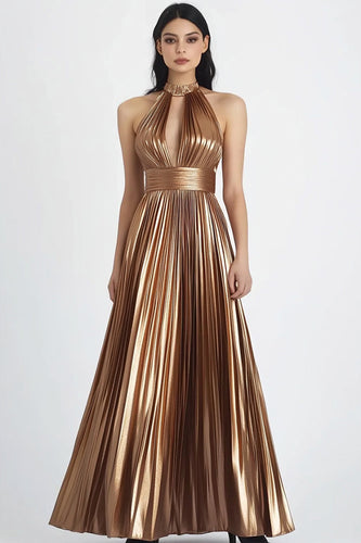 Gold Pleated Metallic Halter Maxi Evening Dress