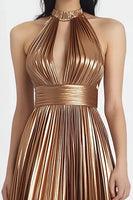 Load image into Gallery viewer, Gold Pleated Metallic Halter Maxi Evening Dress