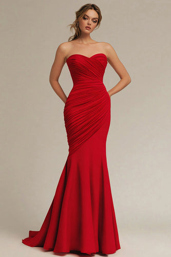 Red Satin Sweetheart Mermaid Maxi Evening Dress