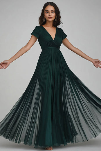 Dark Green A Line V-Neck Tulle Maxi Evening Dress