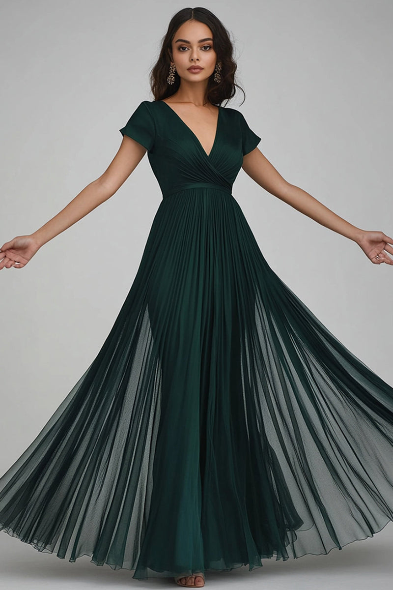 Load image into Gallery viewer, Dark Green A Line V-Neck Tulle Maxi Evening Dress