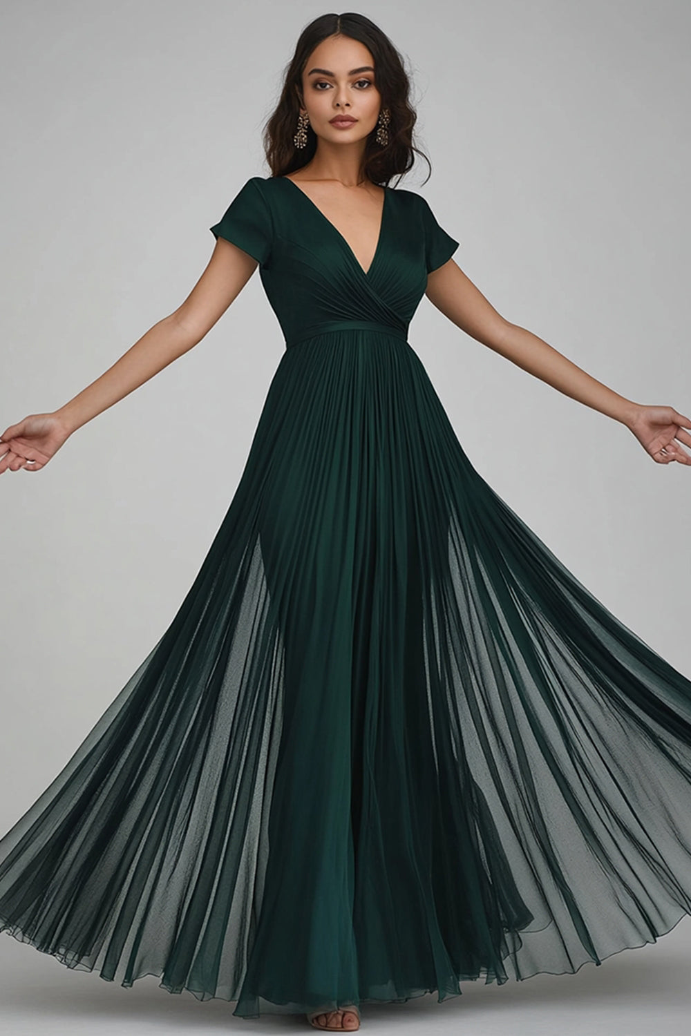 Dark Green A Line V-Neck Tulle Maxi Evening Dress