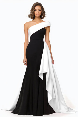 Black and White Satin Mermaid Maxi Evening Dress with Ruffles