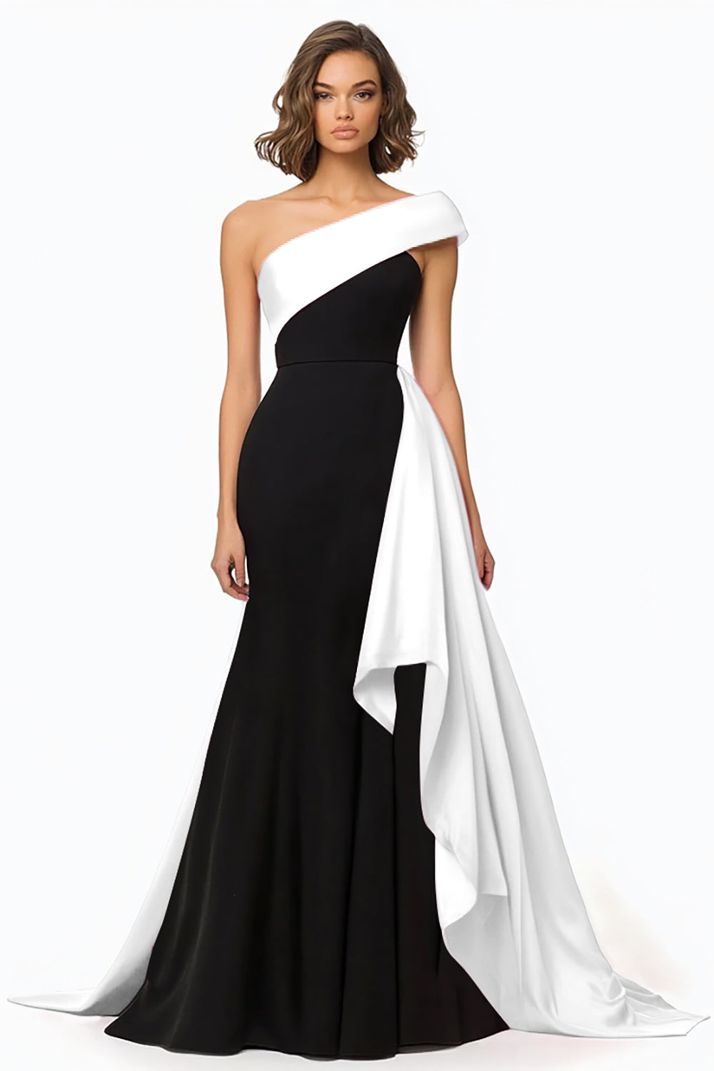 Women Black and White Maxi Satin Evening Dress with Ruffles One Shoulder Mermaid Formal Dress