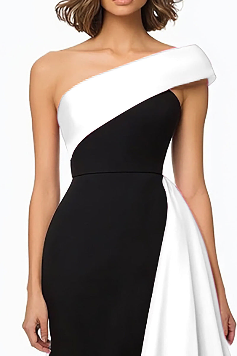 Load image into Gallery viewer, Black and White Satin Mermaid Maxi Evening Dress with Ruffles