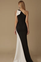 Load image into Gallery viewer, Black and White Satin Maxi Mermaid Evening Dress with Bow