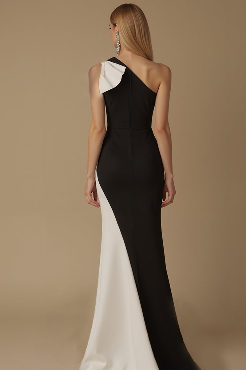 Load image into Gallery viewer, Black and White Satin Maxi Mermaid Evening Dress with Bow