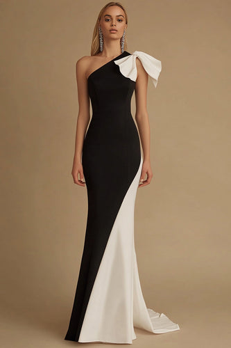Black and White Satin Maxi Mermaid Evening Dress with Bow