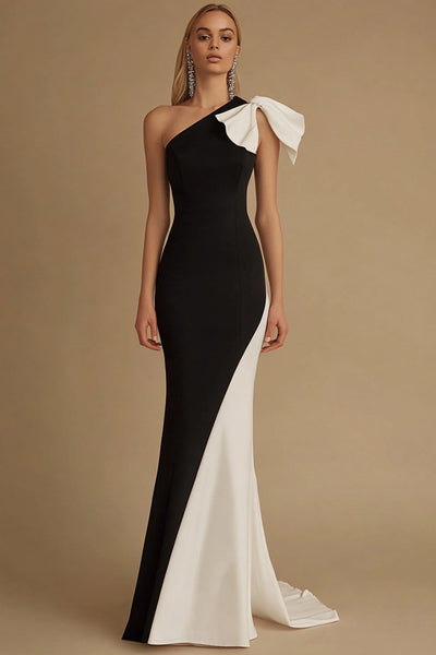 Black and White Satin Maxi Mermaid Evening Dress with Bow