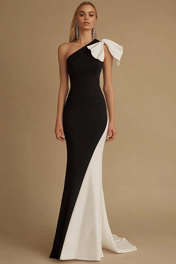 Black and White Satin Maxi Mermaid Evening Dress with Bow