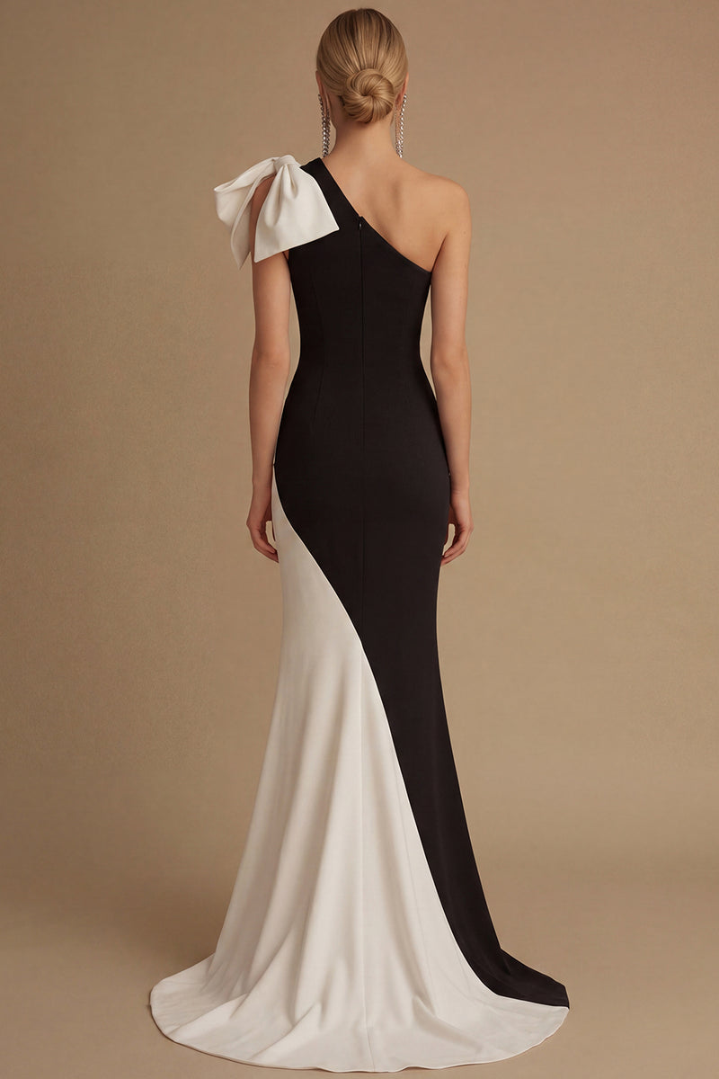 Load image into Gallery viewer, Black and White Satin Maxi Mermaid Evening Dress with Bow