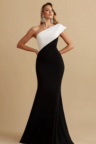 Black and White Mermaid Satin One Shoulder Maxi Evening Dress
