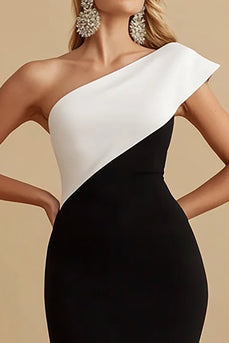 Black and White Mermaid Satin One Shoulder Maxi Evening Dress