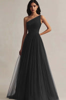 Load image into Gallery viewer, Burgundy One Shoulder Tulle A Line Maxi Evening Dress