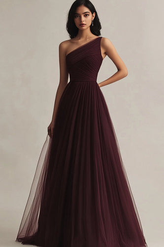 Burgundy One Shoulder Tulle A Line Maxi Evening Dress