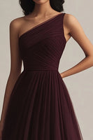 Load image into Gallery viewer, Burgundy One Shoulder Tulle A Line Maxi Evening Dress