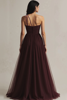 Burgundy One Shoulder Tulle A Line Maxi Evening Dress