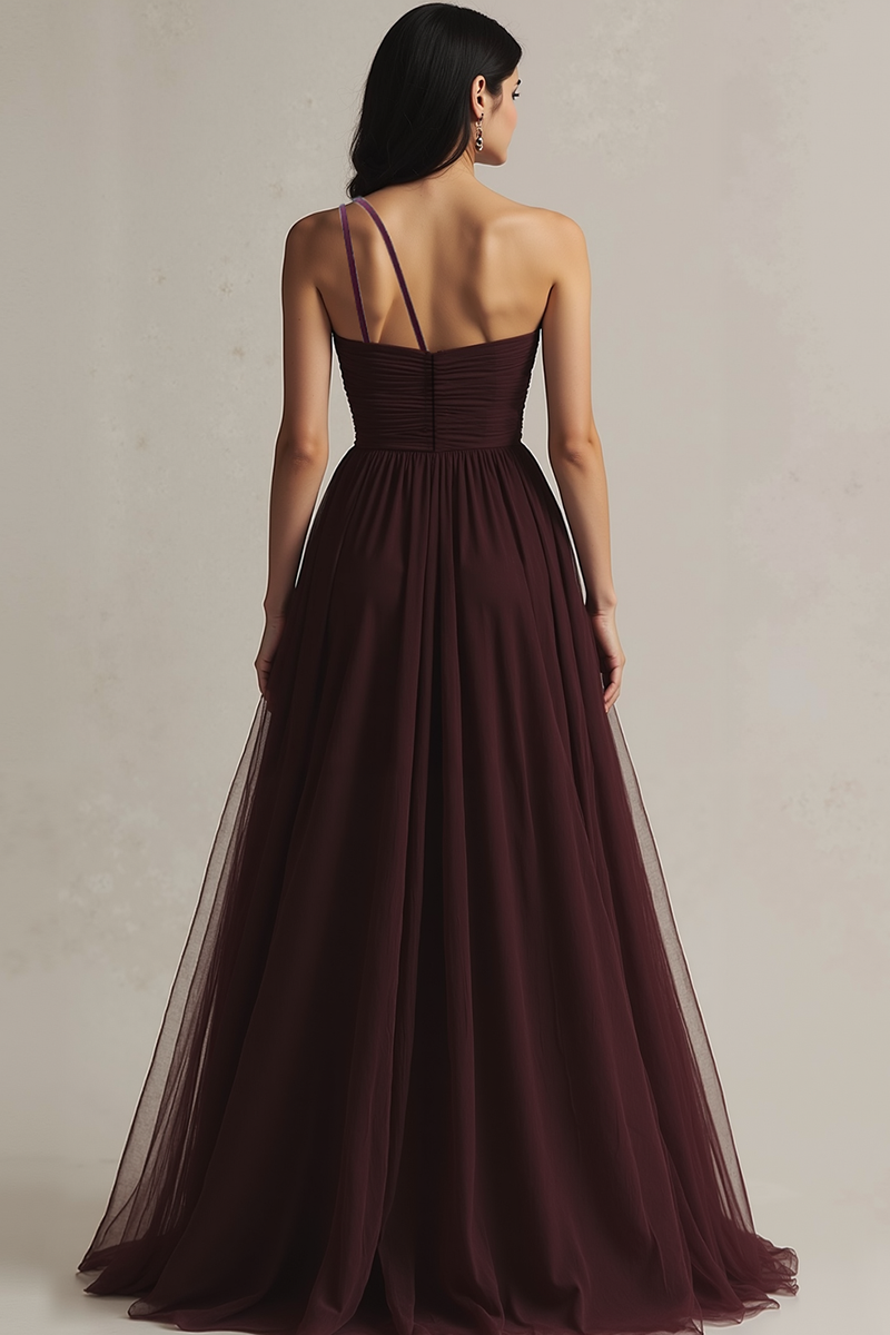 Load image into Gallery viewer, Burgundy One Shoulder Tulle A Line Maxi Evening Dress