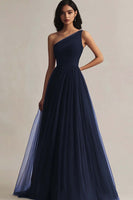 Load image into Gallery viewer, Burgundy One Shoulder Tulle A Line Maxi Evening Dress