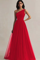 Load image into Gallery viewer, Burgundy One Shoulder Tulle A Line Maxi Evening Dress