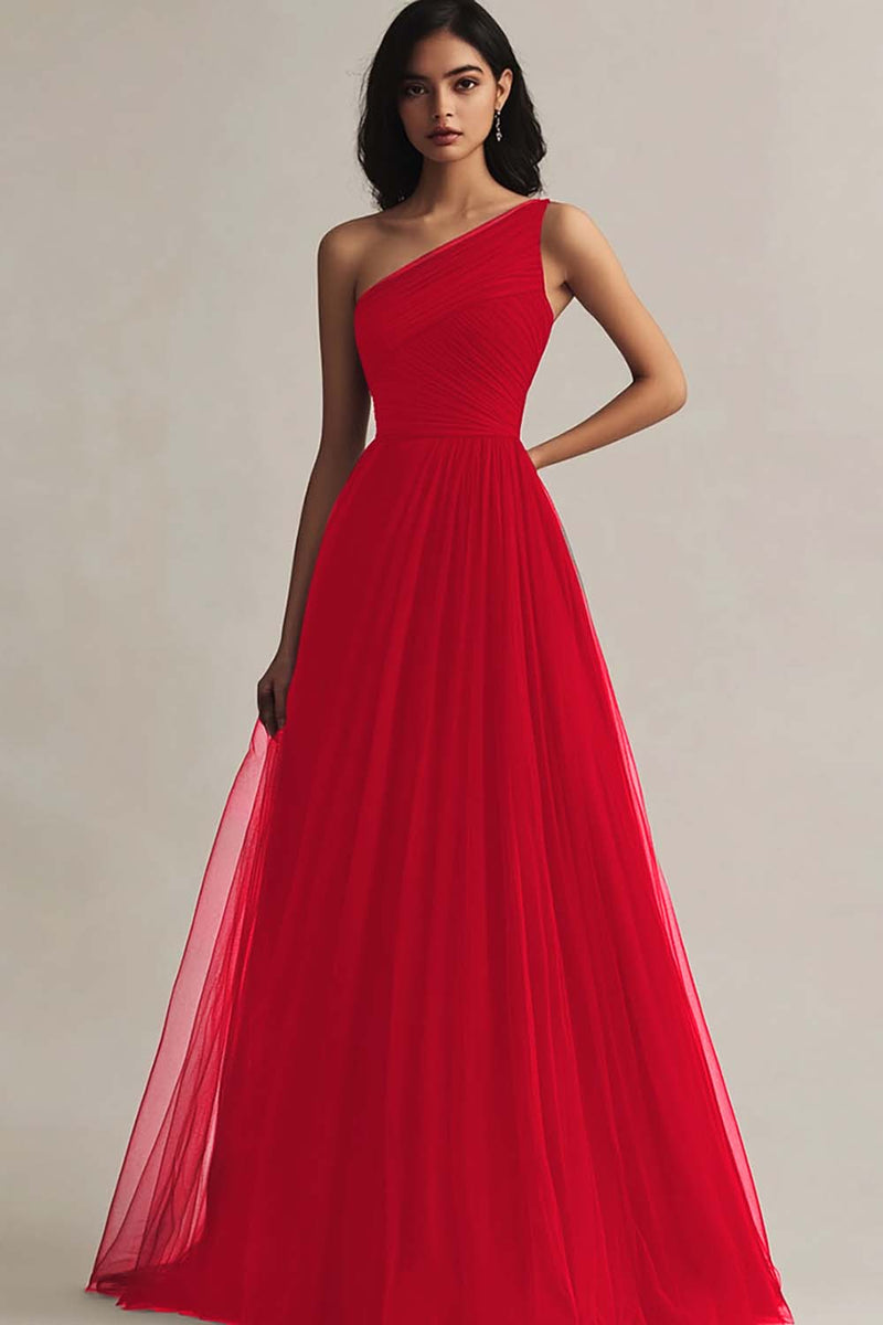 Load image into Gallery viewer, Burgundy One Shoulder Tulle A Line Maxi Evening Dress