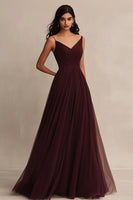 Load image into Gallery viewer, Burgundy Tulle Spaghetti Straps A Line Maxi Evening Dress