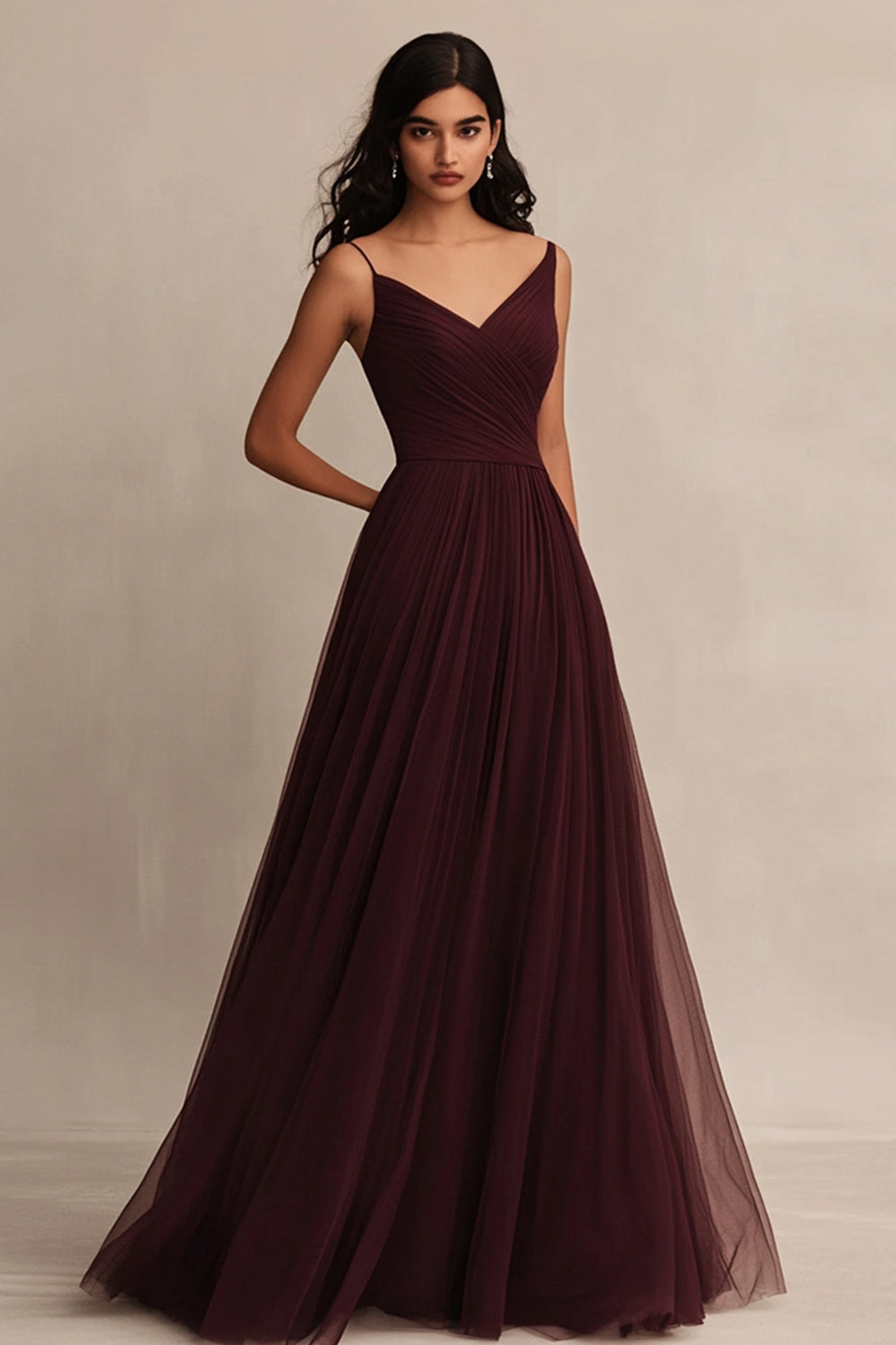 Burgundy Tulle Spaghetti Straps A Line Maxi Evening Dress
